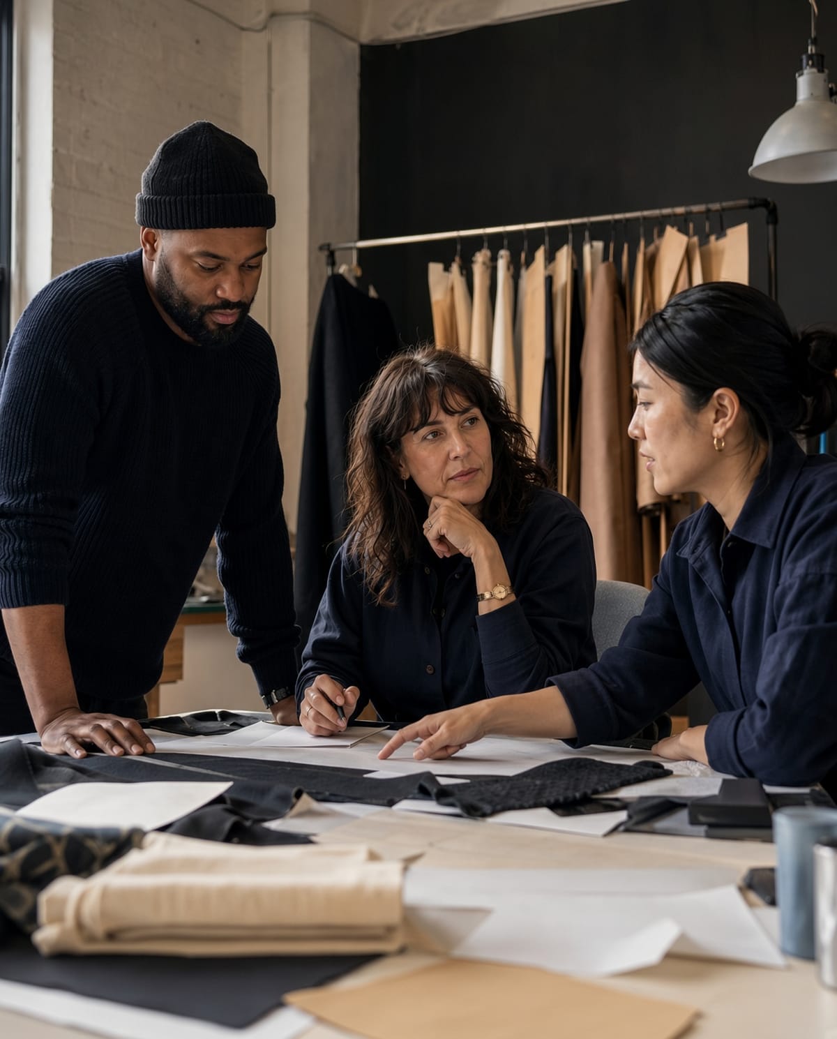 Three people working together over pattern pieces and drawings at a studio worktable