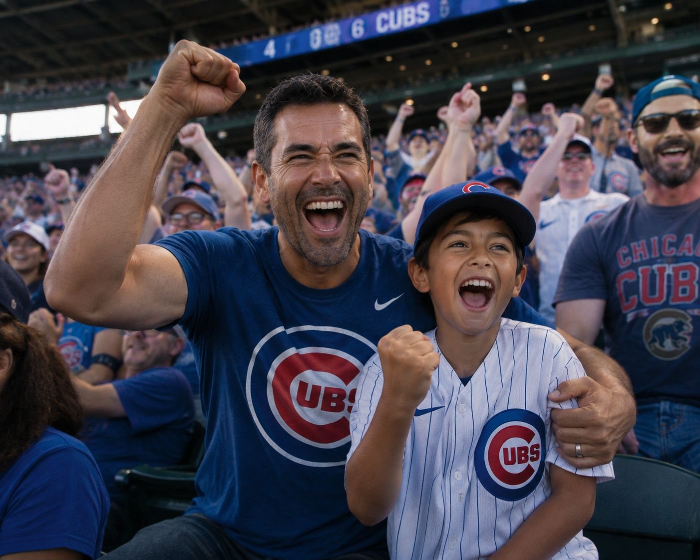 A father and son cheering at a ballgame