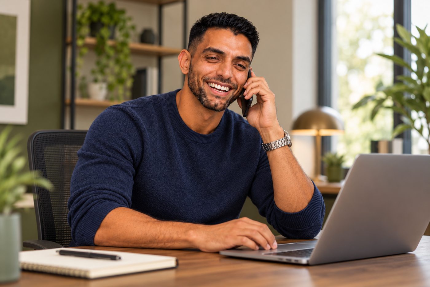 A smiling man on a phone call at his desk