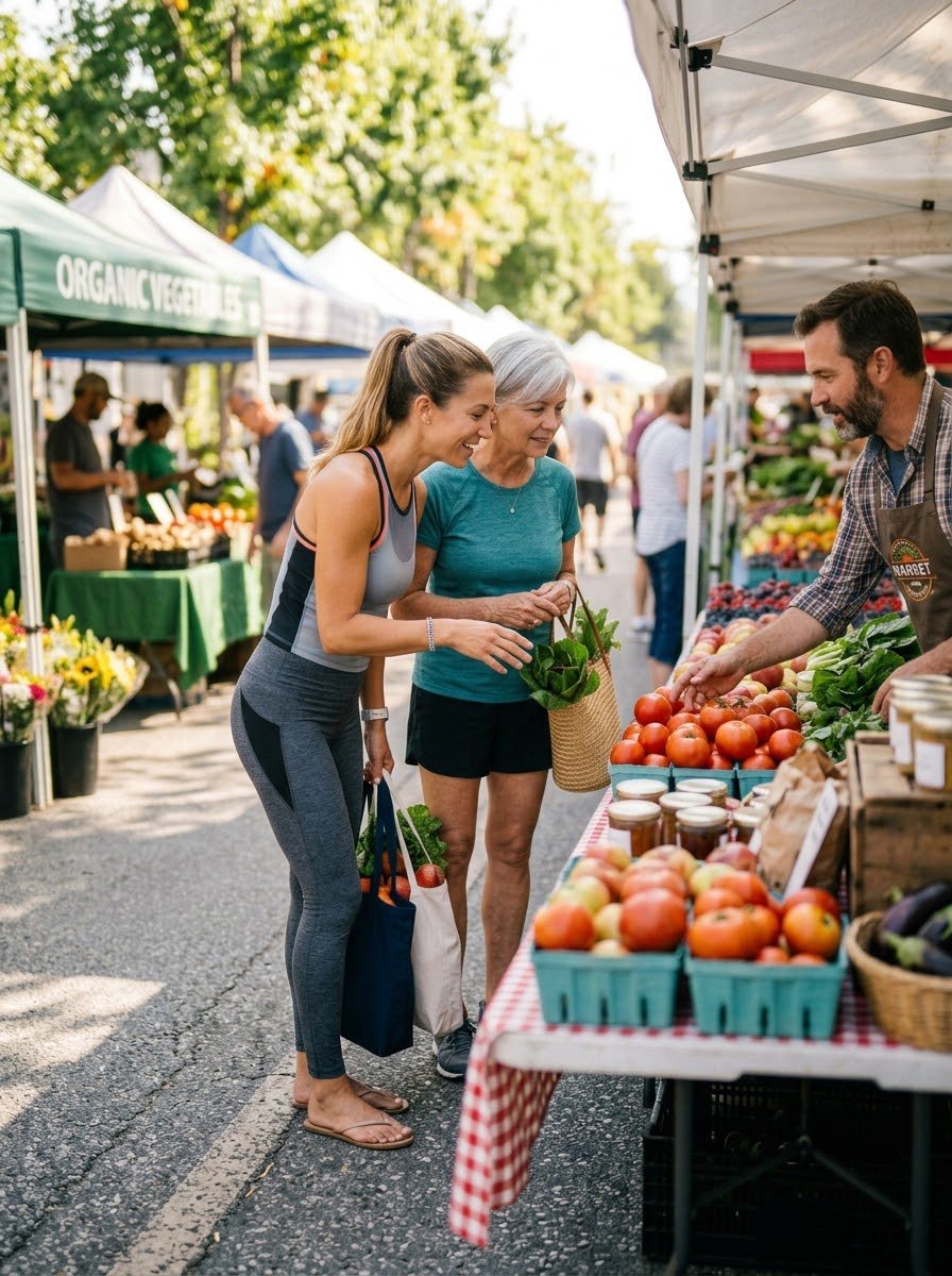 Two women shopping together at an outdoor farmers market